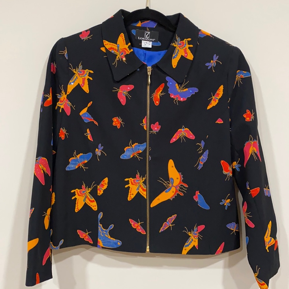 Lorizoni Silk Jacket with Butterflies Accented in Rhinestones.